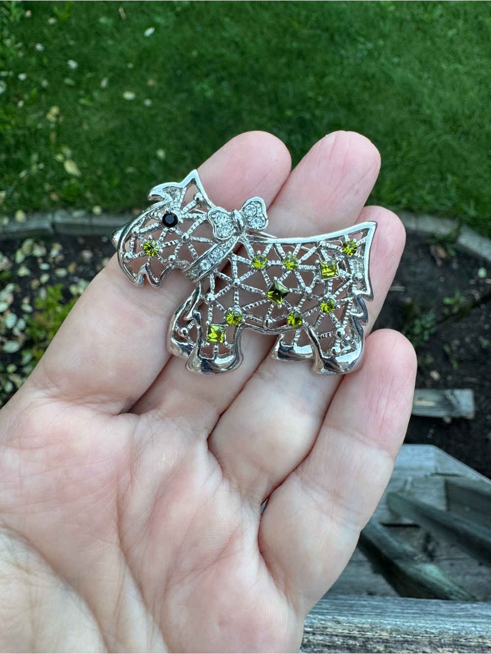 Vintage Silver Terrier Brooch with Lime Green Stones